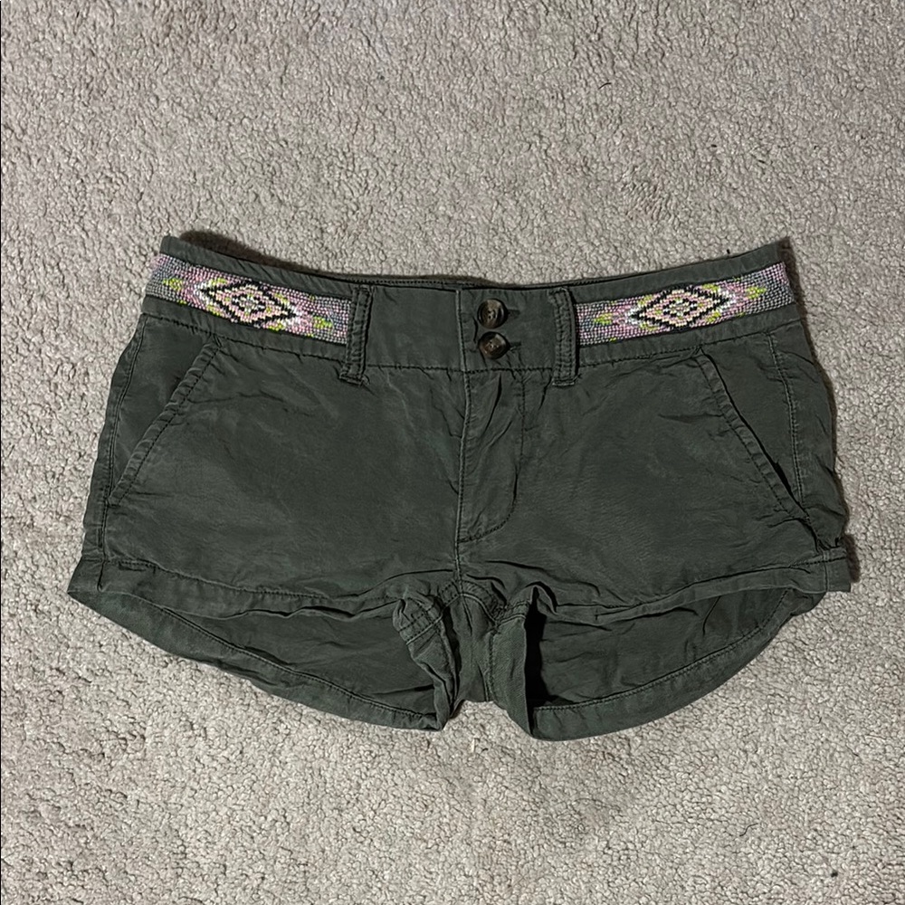 Olive Green Women's Shorts with Patterned Waistband